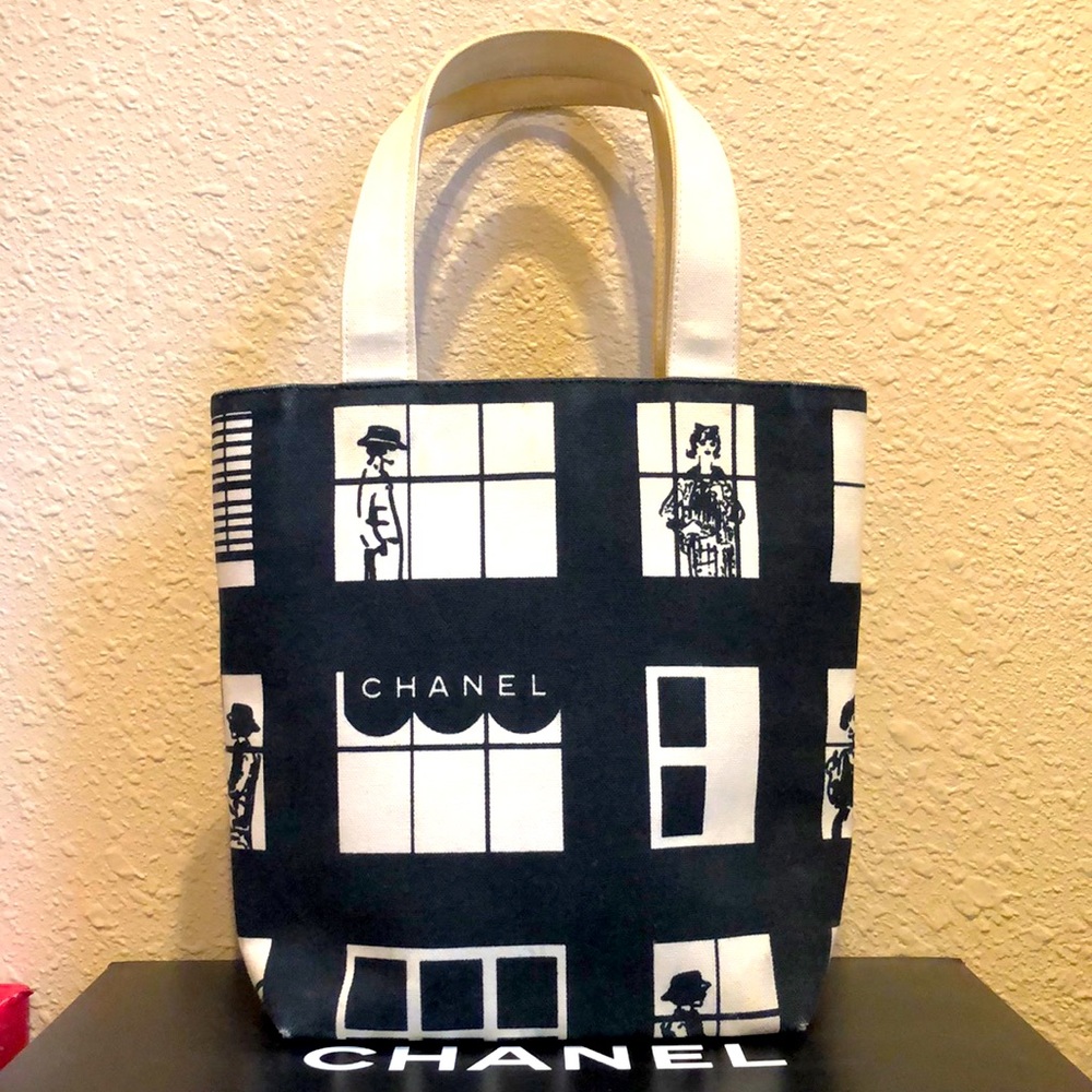CHANEL Coco Canvas Window Tote Bag Black White Classic